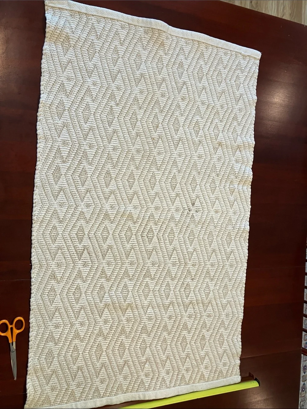 Cream and Beige Geometric Pattern Cotton Throw Rug machine washable